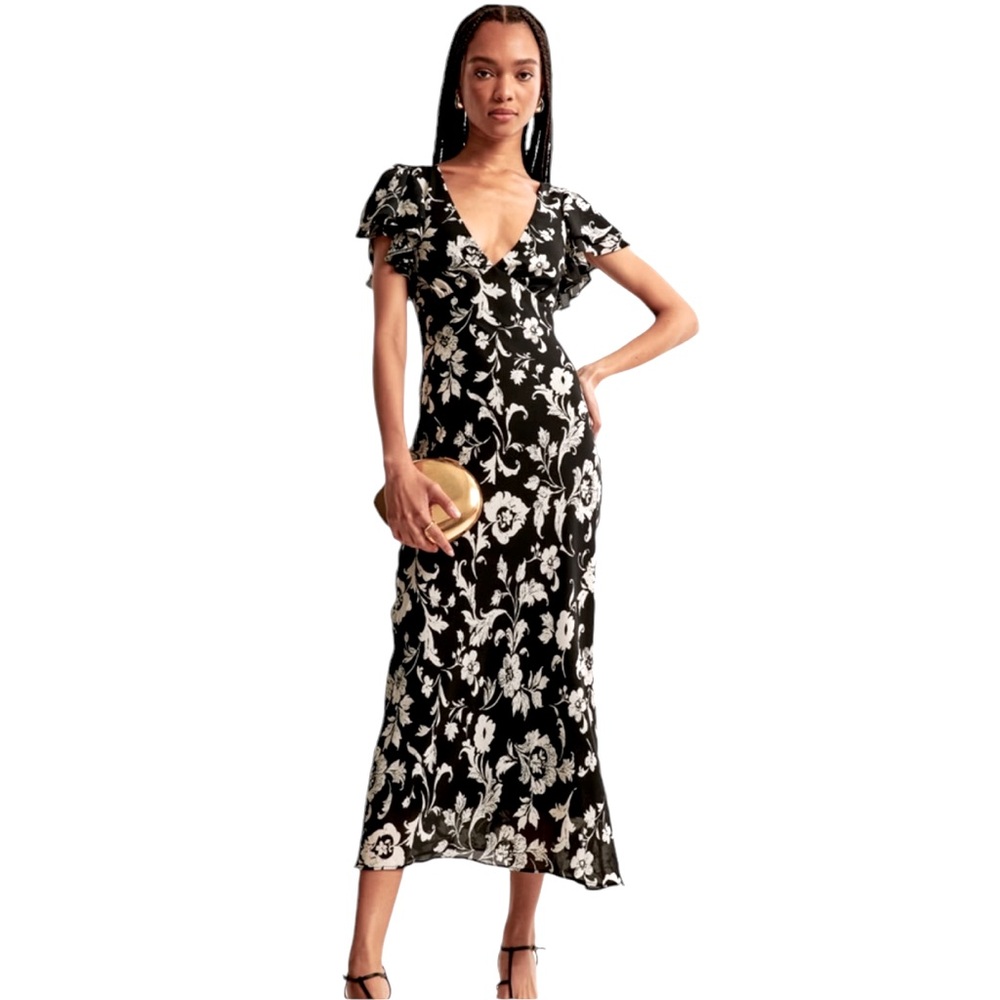 Abercrombie and Fitch Ruffle Sleeve Slip Maxi Dress in black floral| Medium |NWT